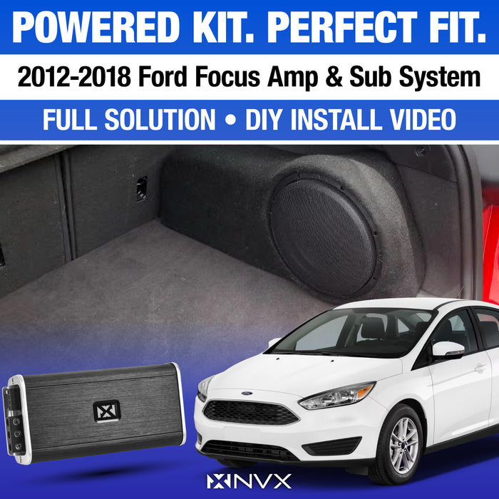 2012-2018 Ford Focus Bass Package - Includes 10" 500W RMS Subwoofer, Custom Enclosure, Monoblock Amplifier, Line Out Converter and Complete Wiring Kit (PBK-FDFOCHBG3-VS102)