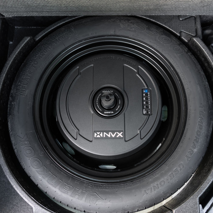 QBSTA 900W Peak (300W RMS) 11" Quick Bass Spare Tire Amplified Subwoofer System with Remote Bass Level Control