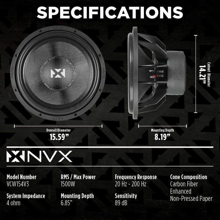 VCW152 Version 3 (VCW152v3) 3000W Peak (1500W RMS) 15" VC-Series v3 Dual 4-Ohm Subwoofer